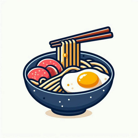 Illustration of a bowl of udon noodles with a fried eggのイラスト素材
