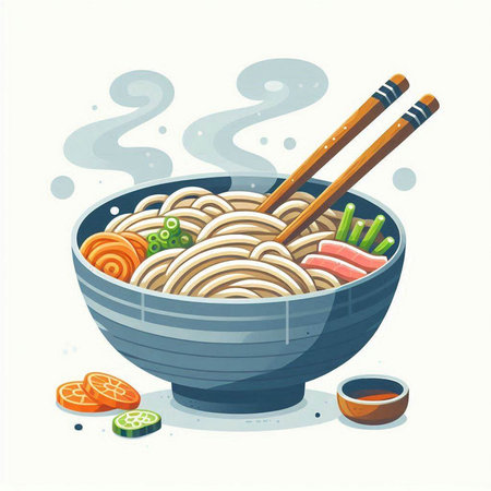 Illustration of a bowl of udon noodles with chopsticks and vegetablesのイラスト素材
