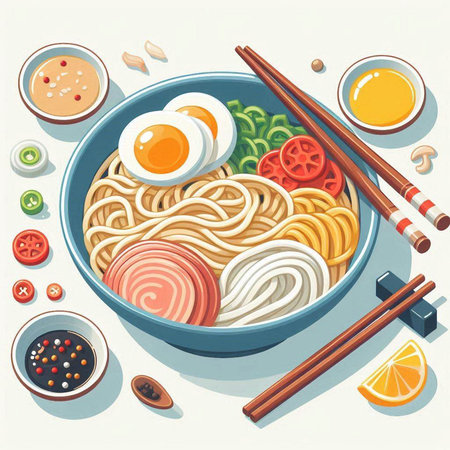 Japanese ramen noodle soup in bowl with chopsticks, vegetables and eggs. Vector illustrationのイラスト素材