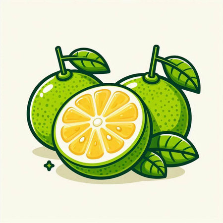 Lime fruit with green leaves isolated on white background. Vector illustration.のイラスト素材