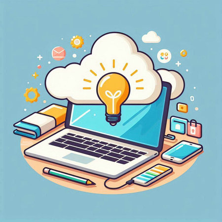 Laptop with lightbulb on cloud computing. Vector illustration.のイラスト素材