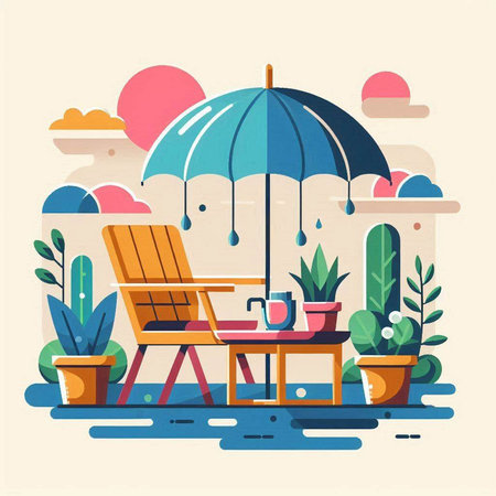 Outdoor terrace with armchair and umbrella. Flat style vector illustration.のイラスト素材