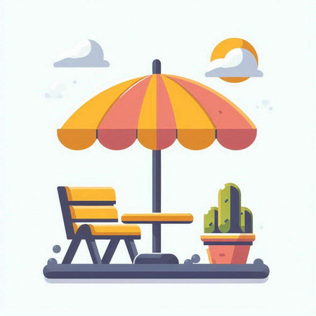 Beach umbrella with chair and cactus. Vector illustration in flat styleのイラスト素材