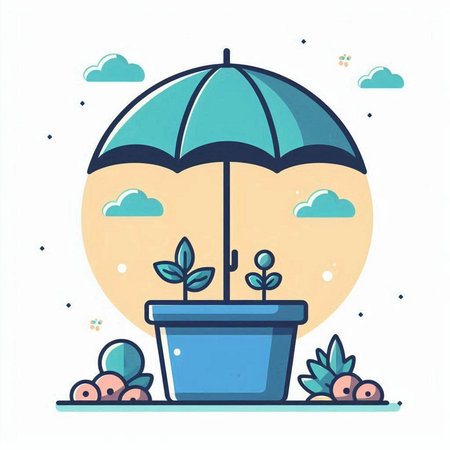 Flat style vector illustration of a plant in a pot under an umbrella.のイラスト素材