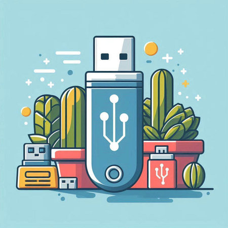 Vector illustration of USB flash drive and cactus in flat style.のイラスト素材