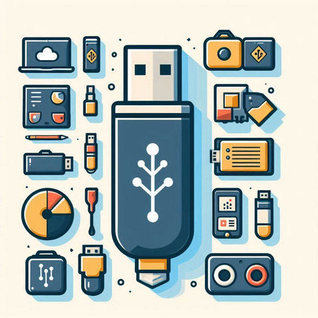 Vector illustration of a usb flash drive with flat design icons set.のイラスト素材