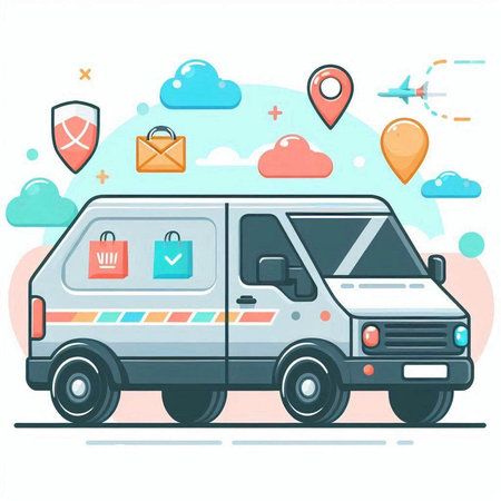 Delivery van with colorful icons. Vector illustration in flat cartoon style.のイラスト素材