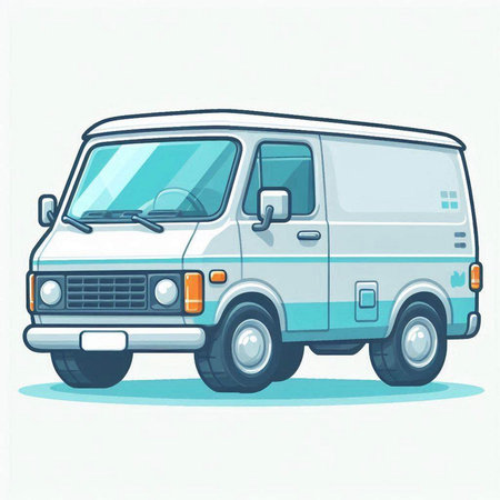 Vector illustration of a white van in cartoon style on white background.のイラスト素材
