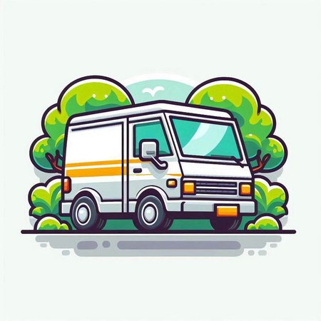 Illustration of a van on a background of green trees. Vector illustrationのイラスト素材