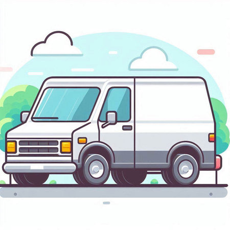 White delivery van on the road. Vector illustration in flat style.のイラスト素材