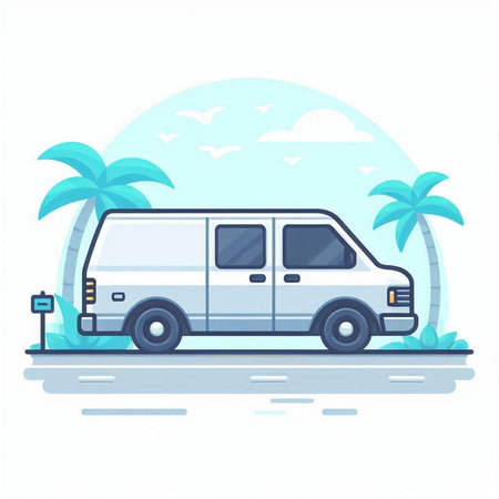 Van on the road with palm trees. Vector illustration in flat styleのイラスト素材