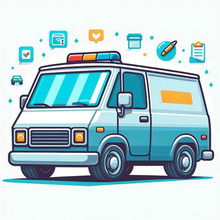 Illustration of a blue ambulance car on a white background. Vector illustrationのイラスト素材
