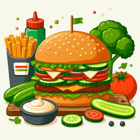 Vector illustration of a hamburger with french fries, sauce and vegetablesのイラスト素材