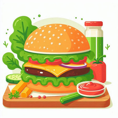 Vector illustration of a hamburger with fresh vegetables on a cutting boardのイラスト素材