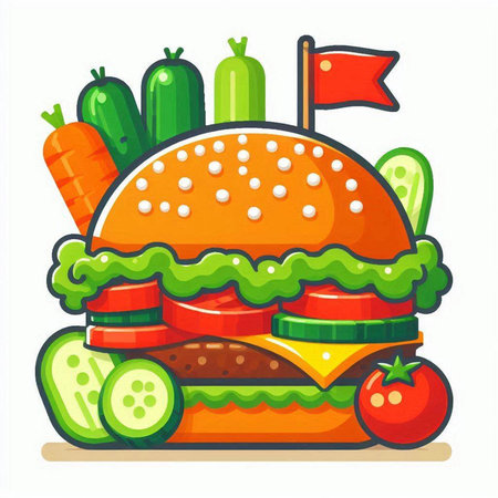 Hamburger with vegetables. Vector illustration on a white background.のイラスト素材
