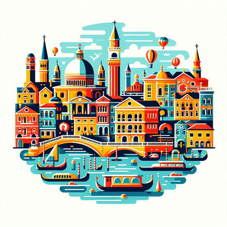 Venice, Italy cityscape in round shape. Vector illustration.のイラスト素材