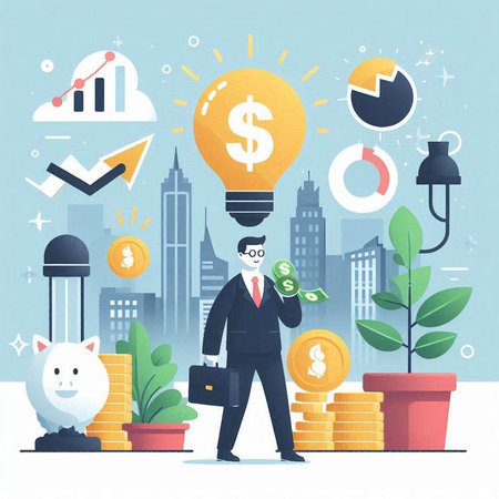 Businessman with money and lightbulb on city background. Vector illustrationのイラスト素材
