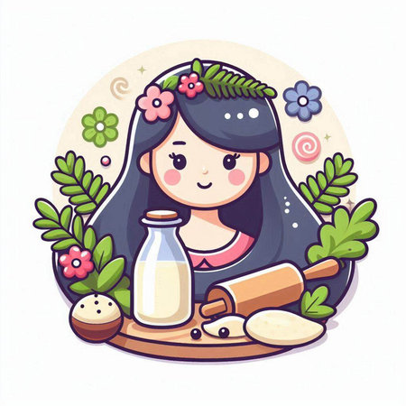 Girl with milk and rolling pin. Vector illustration in cartoon style.のイラスト素材
