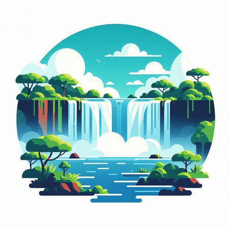 Waterfall in the forest. Vector illustration of a flat style.のイラスト素材