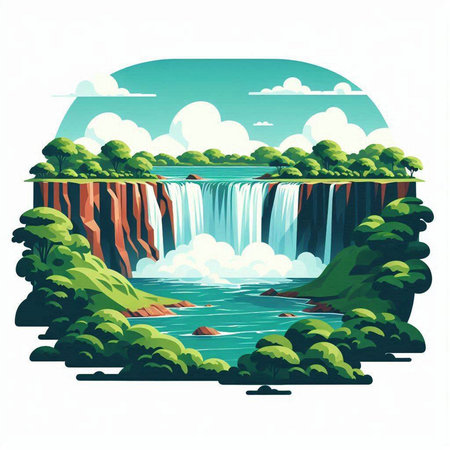 Waterfall in the forest. Waterfall on the river. Vector illustrationのイラスト素材