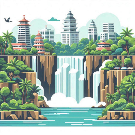Waterfall in flat style. Vector illustration of a cityscape.のイラスト素材