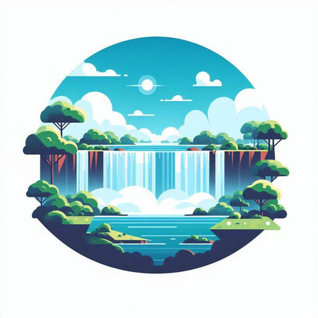 Waterfall in the forest in the flat style. Vector illustration.のイラスト素材