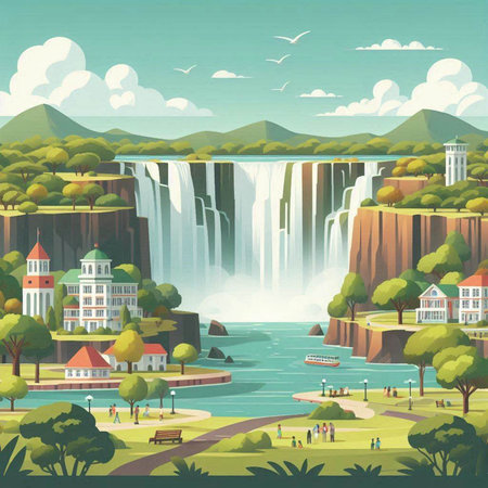 Waterfall in the nature. Vector illustration in a flat style.のイラスト素材