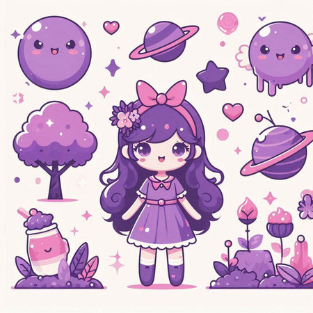 Cute cartoon girl with different cosmic elements. Vector illustration. Cartoon style.のイラスト素材