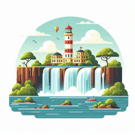 Waterfall and lighthouse in flat style. Vector illustration with waterfalls.のイラスト素材