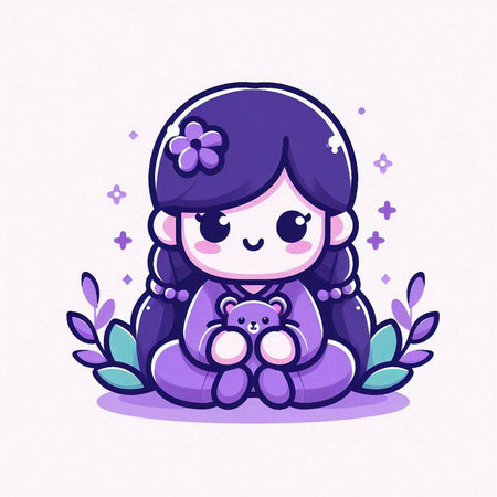 Cute girl with a teddy bear in her hands. Vector illustration.のイラスト素材