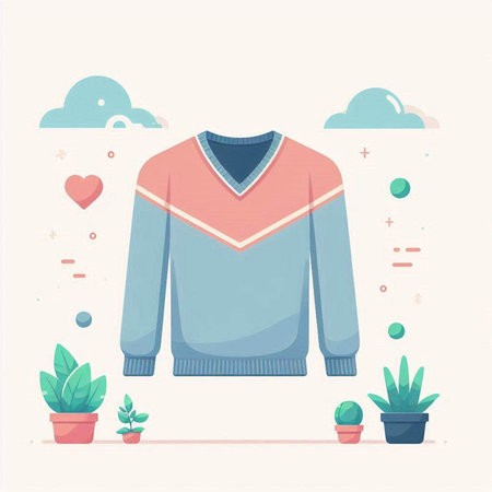 Vector illustration of a sweater on a background of plants. Flat style.のイラスト素材