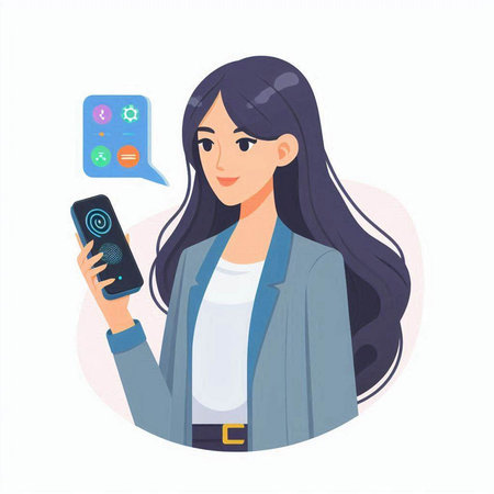 Young woman with mobile phone. Vector illustration in flat cartoon style.のイラスト素材
