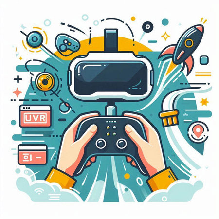 Vector illustration of hands holding gamepad on white background. Line art design for web, site, advertising, banner, poster, board and print.のイラスト素材