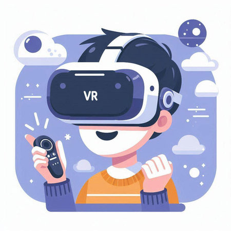 Man wearing virtual reality goggles. Vector illustration in flat cartoon style.のイラスト素材