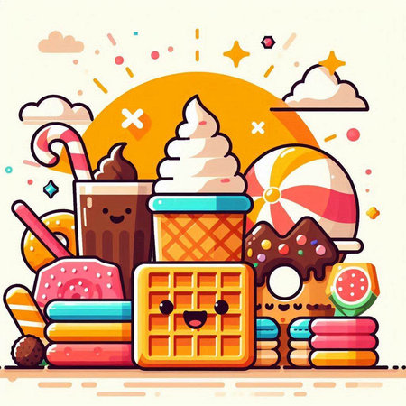 Cute cartoon vector illustration of ice cream, waffle, candy, donut, ice cream.のイラスト素材