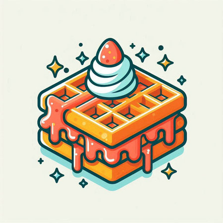 Belgian waffles with whipped cream and ice cream. Vector illustration.のイラスト素材