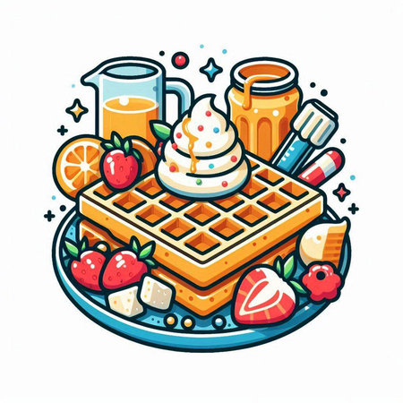 Vector illustration of belgian waffles with whipped cream, strawberries and orange juiceのイラスト素材