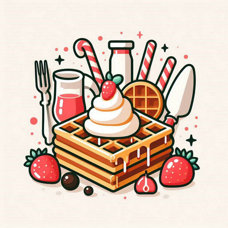 Vector illustration of a waffle with cream, strawberries and ice cream.のイラスト素材