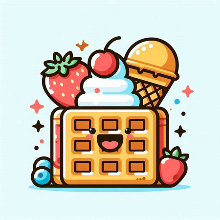 Cute waffle character with ice cream and strawberry. Vector illustration.のイラスト素材