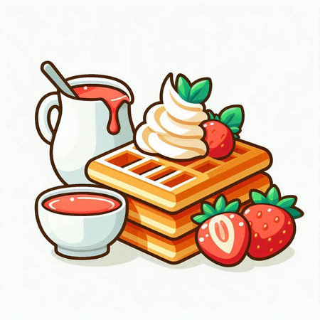 Belgian waffles with ice cream, strawberry and syrup. Vector illustration.のイラスト素材