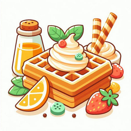 Belgian waffles with whipped cream and fruits. Vector illustration.のイラスト素材