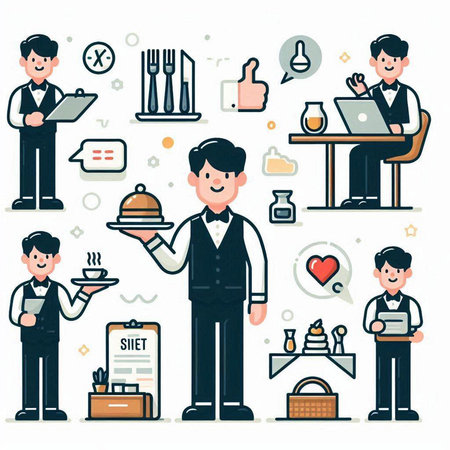 Waiter and customer service icons set. Flat style vector illustration.のイラスト素材
