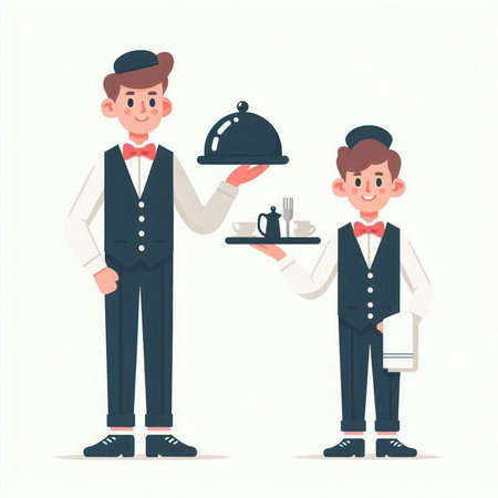 Waiter serving food to a waiter. Vector illustration in cartoon styleのイラスト素材