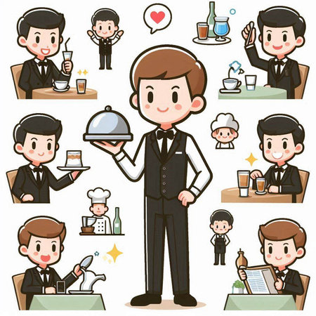 Set of various poses of waiter and restaurant staff. Vector illustration.のイラスト素材