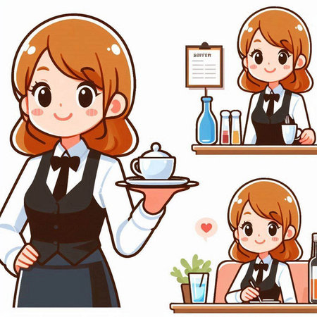 Waitress in various actions. Vector illustration of a waiter in a cafe.のイラスト素材
