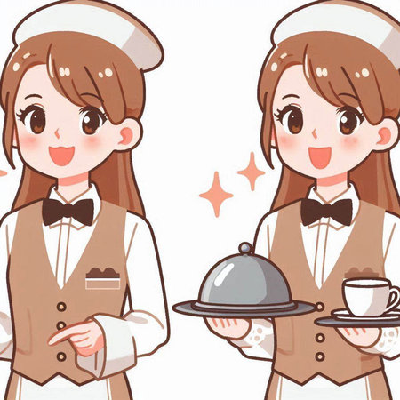 Waitress in uniform with a tray of food and a cup of coffeeのイラスト素材