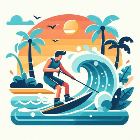 Flat design illustration of a man on a paddle board surfing on the sea.のイラスト素材