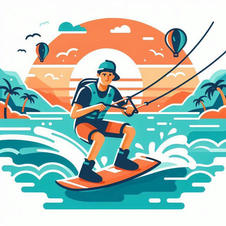 Kiteboarder rides on the waves. Vector illustration in flat cartoon style.のイラスト素材