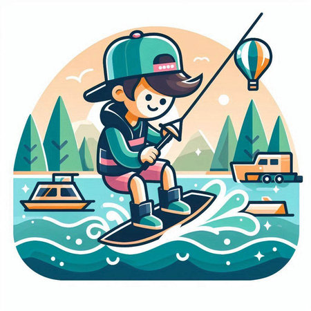 Fisherman on a boat. Vector illustration in cartoon style.のイラスト素材
