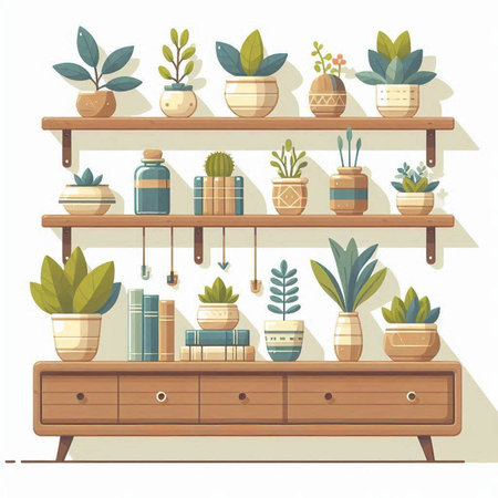 Wooden shelves with plants. Vector illustration in flat cartoon style.のイラスト素材